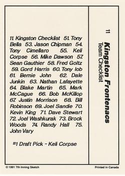 1990-91 7th Inning Sketch OHL #11 Kingston Checklist Back