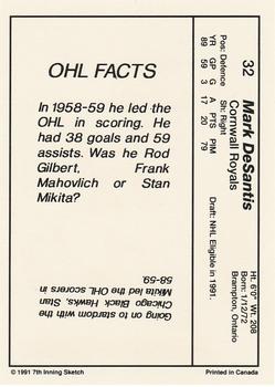 1990-91 7th Inning Sketch OHL #32 Mark DeSantis Back