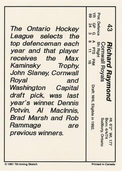 1990-91 7th Inning Sketch OHL #43 Richard Raymond Back