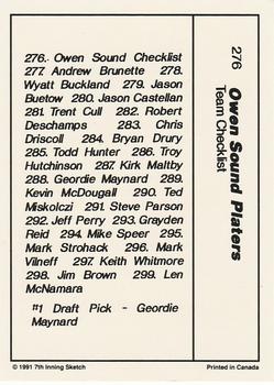 1990-91 7th Inning Sketch OHL #276 Owen Sound Checklist Back