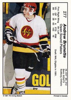 1990-91 7th Inning Sketch OHL #277 Andrew Brunette Back