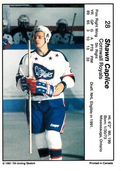 1990-91 7th Inning Sketch OHL #28 Shawn Caplice Back