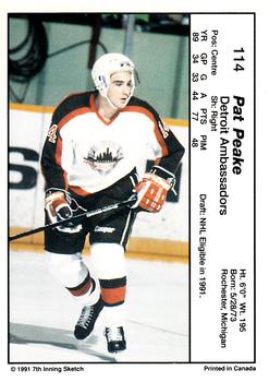 1990-91 7th Inning Sketch OHL #114 Pat Peake Back