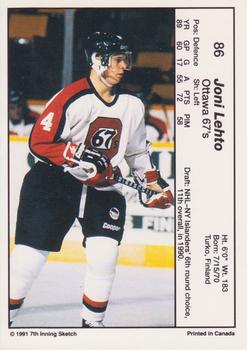 1990-91 7th Inning Sketch OHL #86 Joni Lehto Back