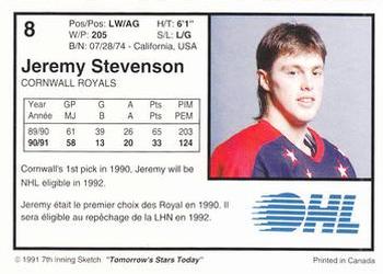 1991-92 7th Inning Sketch OHL #8 Jeremy Stevenson Back