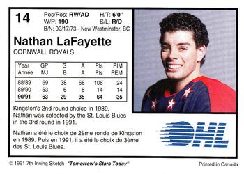 1991-92 7th Inning Sketch OHL #14 Nathan LaFayette Back