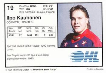 1991-92 7th Inning Sketch OHL #19 Ilpo Kauhanen Back