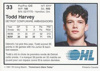 1991-92 7th Inning Sketch OHL #33 Todd Harvey Back