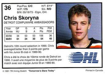 1991-92 7th Inning Sketch OHL #36 Chris Skoryna Back