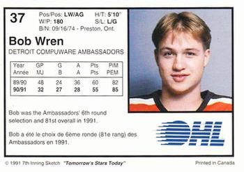 1991-92 7th Inning Sketch OHL #37 Bob Wren Back