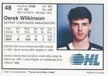 1991-92 7th Inning Sketch OHL #48 Derek Wilkinson Back