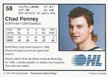 1991-92 7th Inning Sketch OHL #58 Chad Penney Back