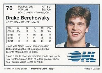 1991-92 7th Inning Sketch OHL #70 Drake Berehowsky Back