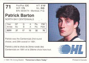 1991-92 7th Inning Sketch OHL #71 Pat Barton Back