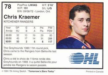 1991-92 7th Inning Sketch OHL #78 Chris Kraemer Back