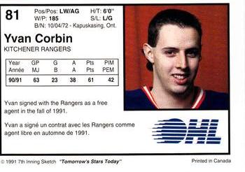 1991-92 7th Inning Sketch OHL #81 Yvan Corbin Back