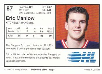 1991-92 7th Inning Sketch OHL #87 Eric Manlow Back