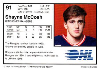 1991-92 7th Inning Sketch OHL #91 Shayne McCosh Back