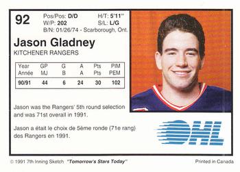 1991-92 7th Inning Sketch OHL #92 Jason Gladney Back