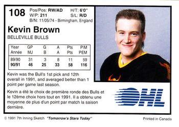 1991-92 7th Inning Sketch OHL #108 Kevin Brown Back