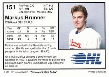 1991-92 7th Inning Sketch OHL #151 Markus Brunner Back