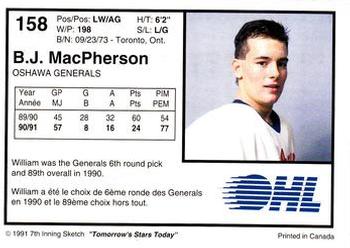 1991-92 7th Inning Sketch OHL #158 B.J. MacPherson Back