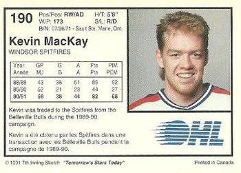 1991-92 7th Inning Sketch OHL #190 Kevin MacKay Back