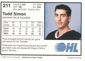 1991-92 7th Inning Sketch OHL #211 Todd Simon Back