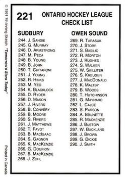 1991-92 7th Inning Sketch OHL #221 Checklist: 197-290 Back