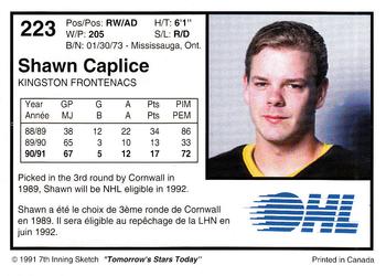 1991-92 7th Inning Sketch OHL #223 Shawn Caplice Back