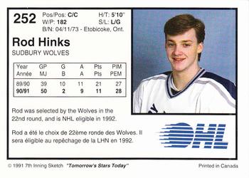 1991-92 7th Inning Sketch OHL #252 Rod Hinks Back