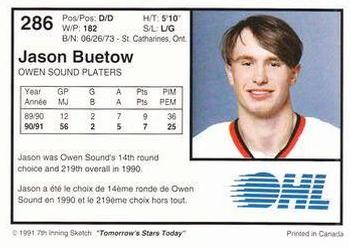 1991-92 7th Inning Sketch OHL #286 Jason Buetow Back