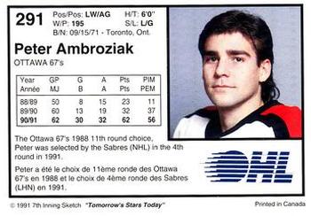 1991-92 7th Inning Sketch OHL #291 Peter Ambroziak Back