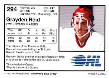 1991-92 7th Inning Sketch OHL #294 Grayden Reid Back