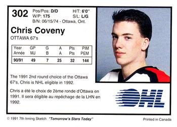 1991-92 7th Inning Sketch OHL #302 Chris Coveny Back
