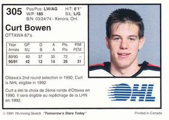 1991-92 7th Inning Sketch OHL #305 Curt Bowen Back