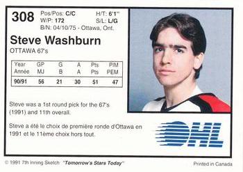 1991-92 7th Inning Sketch OHL #308 Steve Washburn Back