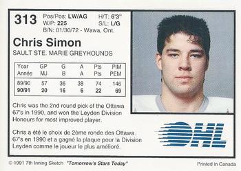 1991-92 7th Inning Sketch OHL #313 Chris Simon Back