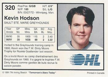 1991-92 7th Inning Sketch OHL #320 Kevin Hodson Back