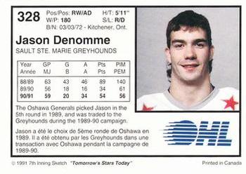 1991-92 7th Inning Sketch OHL #328 Jason Denomme Back