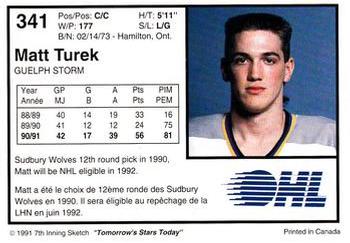1991-92 7th Inning Sketch OHL #341 Matt Turek Back