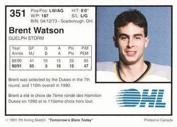 1991-92 7th Inning Sketch OHL #351 Brent Watson Back