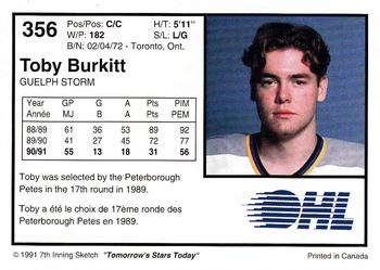 1991-92 7th Inning Sketch OHL #356 Toby Burkitt Back