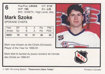 1991-92 7th Inning Sketch WHL #6 Mark Szoke Back