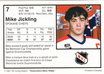 1991-92 7th Inning Sketch WHL #7 Mike Jickling Back