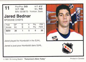 1991-92 7th Inning Sketch WHL #11 Jared Bednar Back