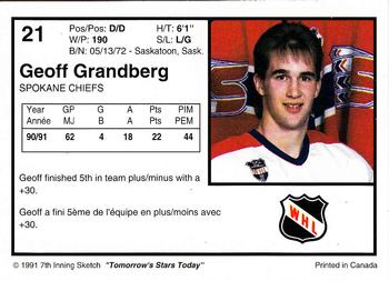 1991-92 7th Inning Sketch WHL #21 Geoff Grandberg Back