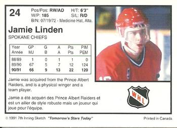 1991-92 7th Inning Sketch WHL #24 Jamie Linden Back