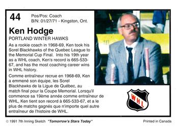 1991-92 7th Inning Sketch WHL #44 Ken Hodge Back