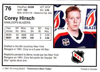 1991-92 7th Inning Sketch WHL #76 Corey Hirsch Back